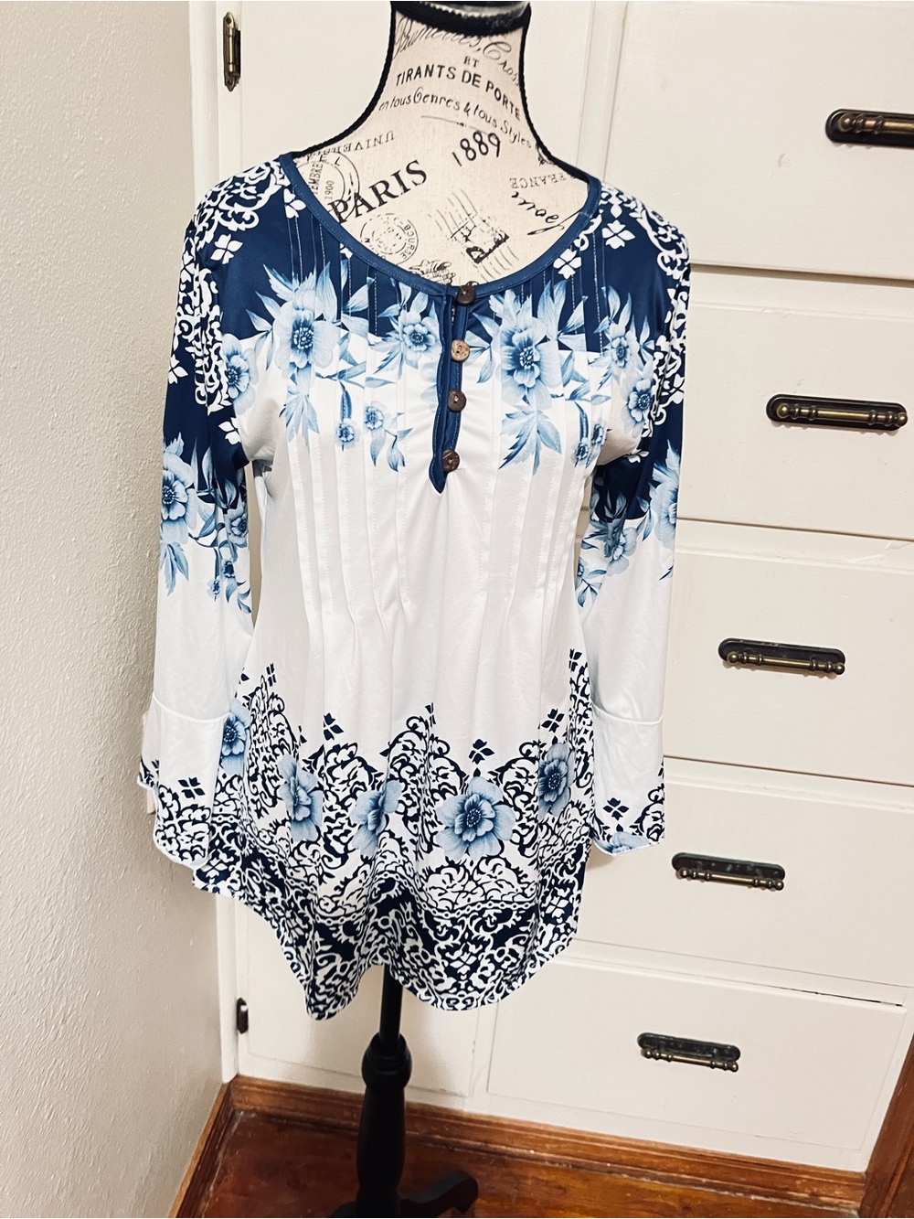 Blue Floral Pintuck Henley Top - Women's